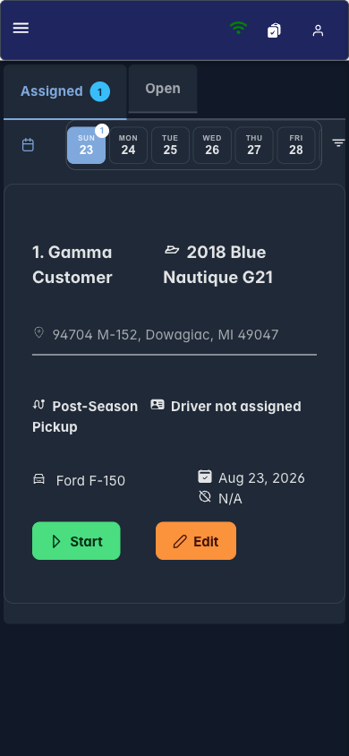 Boatload dashboard on a phone showing the day's job with customer, boat, and truck