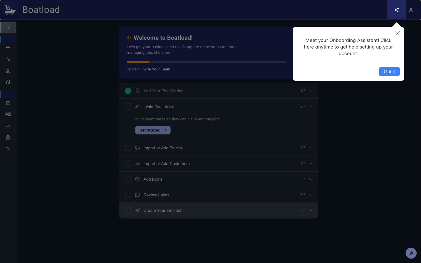 Boatload guided tour showing react-joyride tooltip directing user to click Marinas in the sidebar