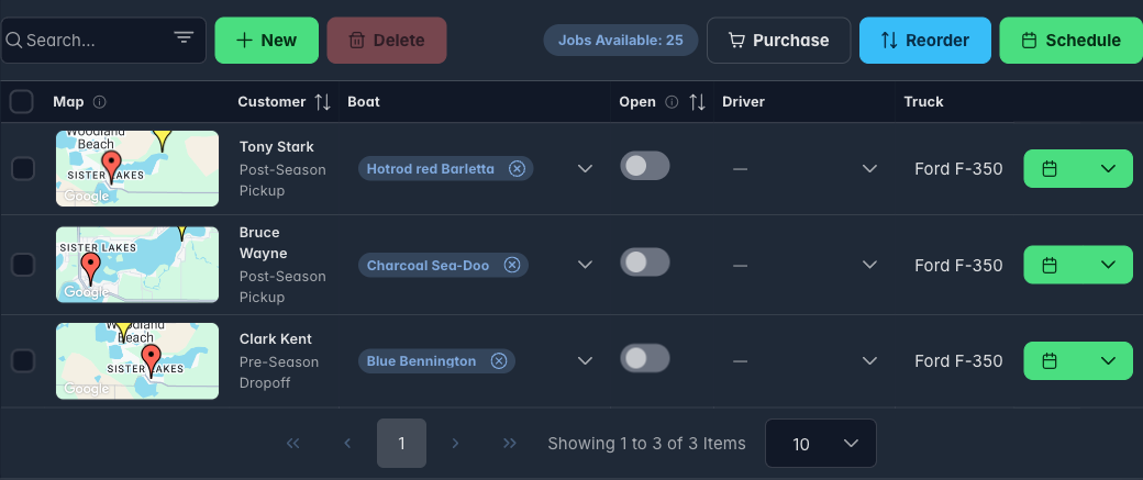 Boatload schedule showing the day's jobs with customer, boat, and truck